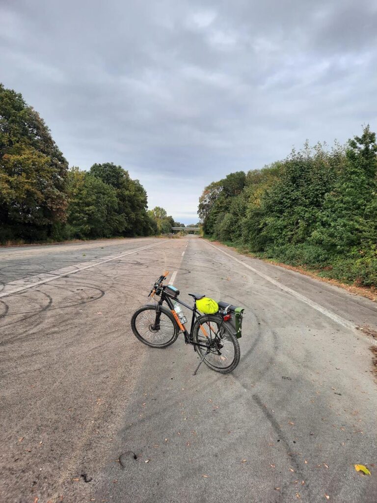 Fahrrad steht auf einer leeren Straße, umgeben von Bäumen und bewölktem Himmel.