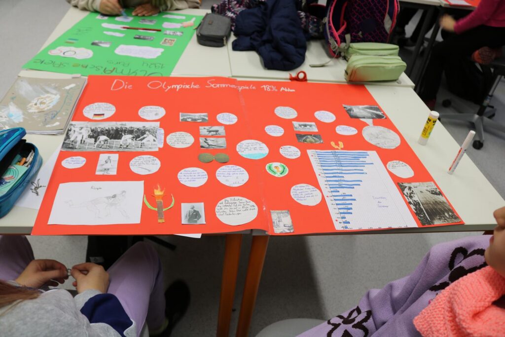 Das Bild zeigt ein Plakat mit verschiedenen Bildern und Texten auf einem Tisch.