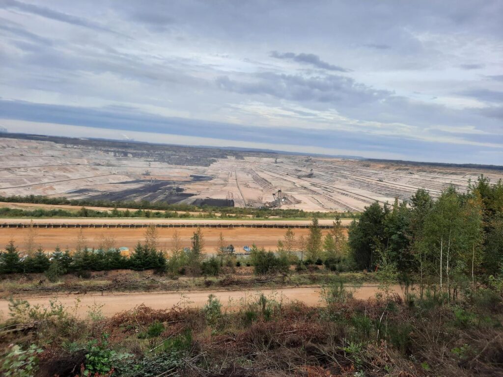 Braunkohletagebau mit Erdboden und bewaldetem Randbereich. Wolkenhimmel über der Landschaft.