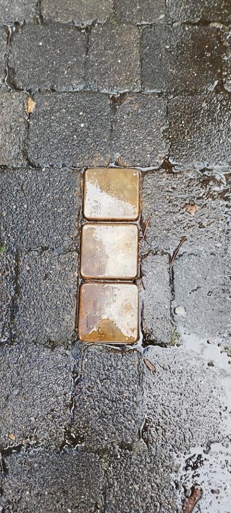 Drei quadratische, goldene Steine auf gepflastertem Gehweg bei Nässe.