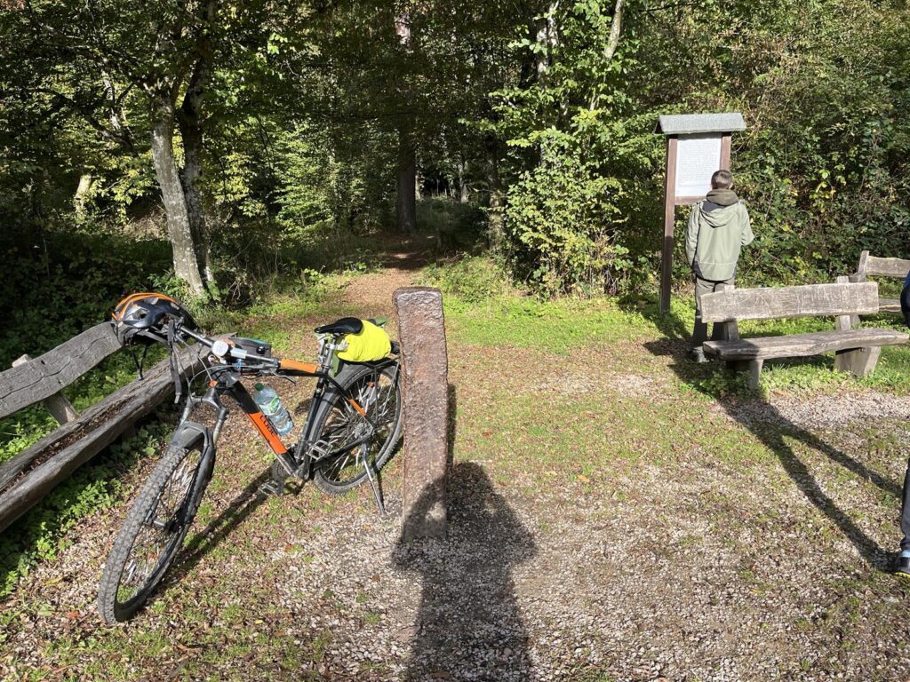 Fahrrad steht an einem Waldweg mit Informationsschild und Bank im Hintergrund.