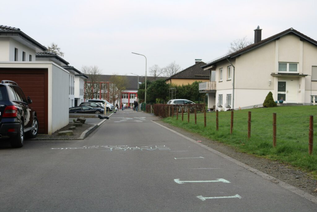 Blick auf eine ruhige Wohnstraße mit Einfamilienhäusern und geparkten Autos.