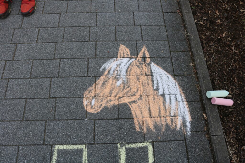 Kreidezeichnung eines Pferdekopfes auf grauem Gehwegplattenboden.