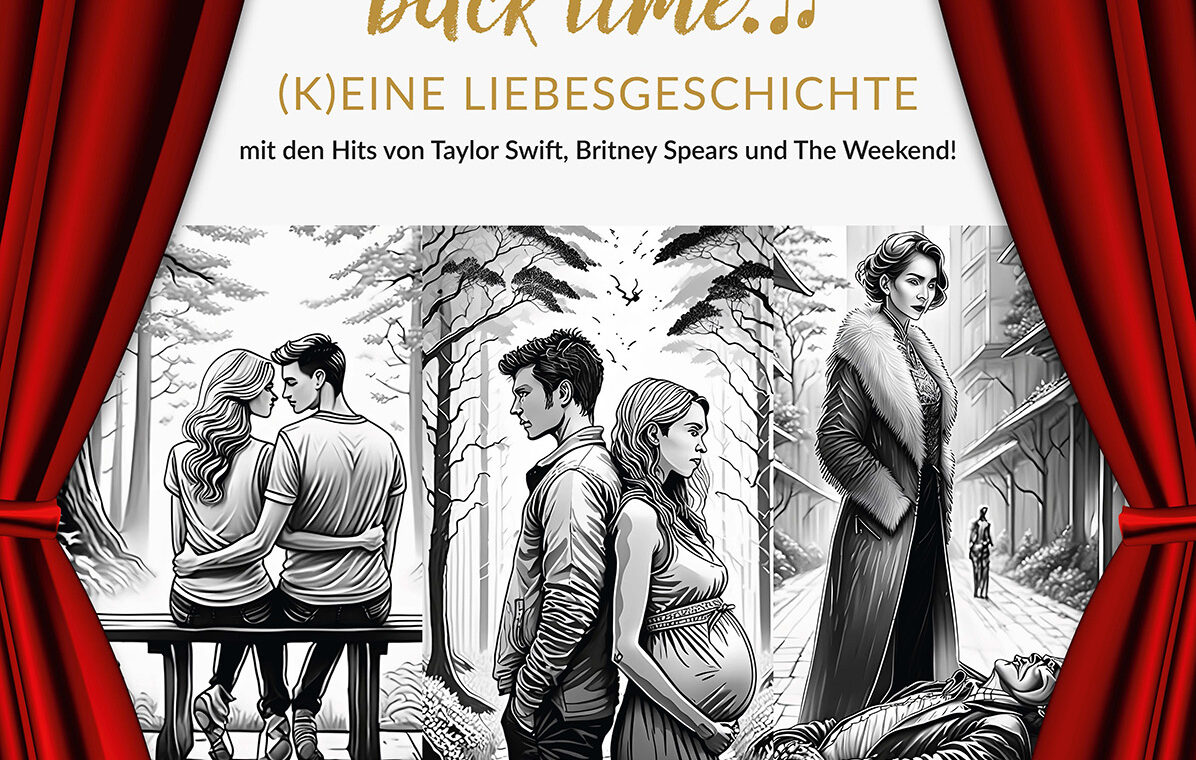 Plakat für eine Theateraufführung mit Text und Bildern von Protagonisten.