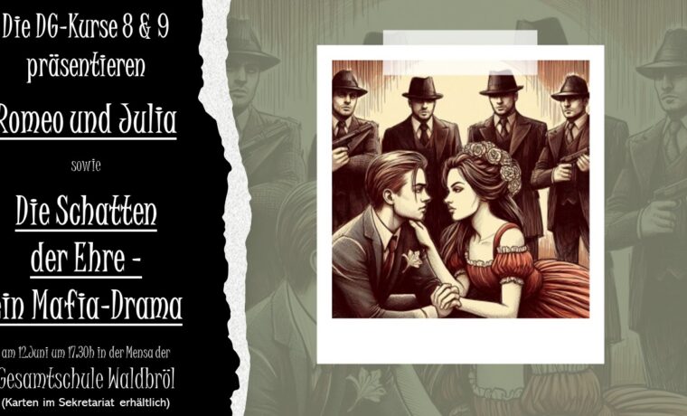 Plakat für ein Theaterstück mit den Titeln "Romeo und Julia" und "Die Schatten der Ehre".