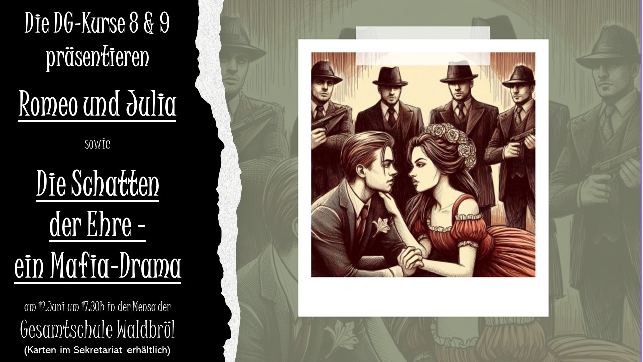 Plakat für ein Theaterstück mit den Titeln "Romeo und Julia" und "Die Schatten der Ehre".