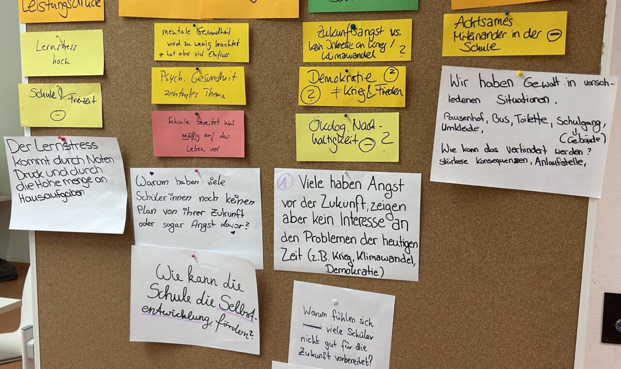 Eine Pinnwand mit bunten Zetteln zu Themen wie Sicherheit, Zukunft und persönliche Stärken.