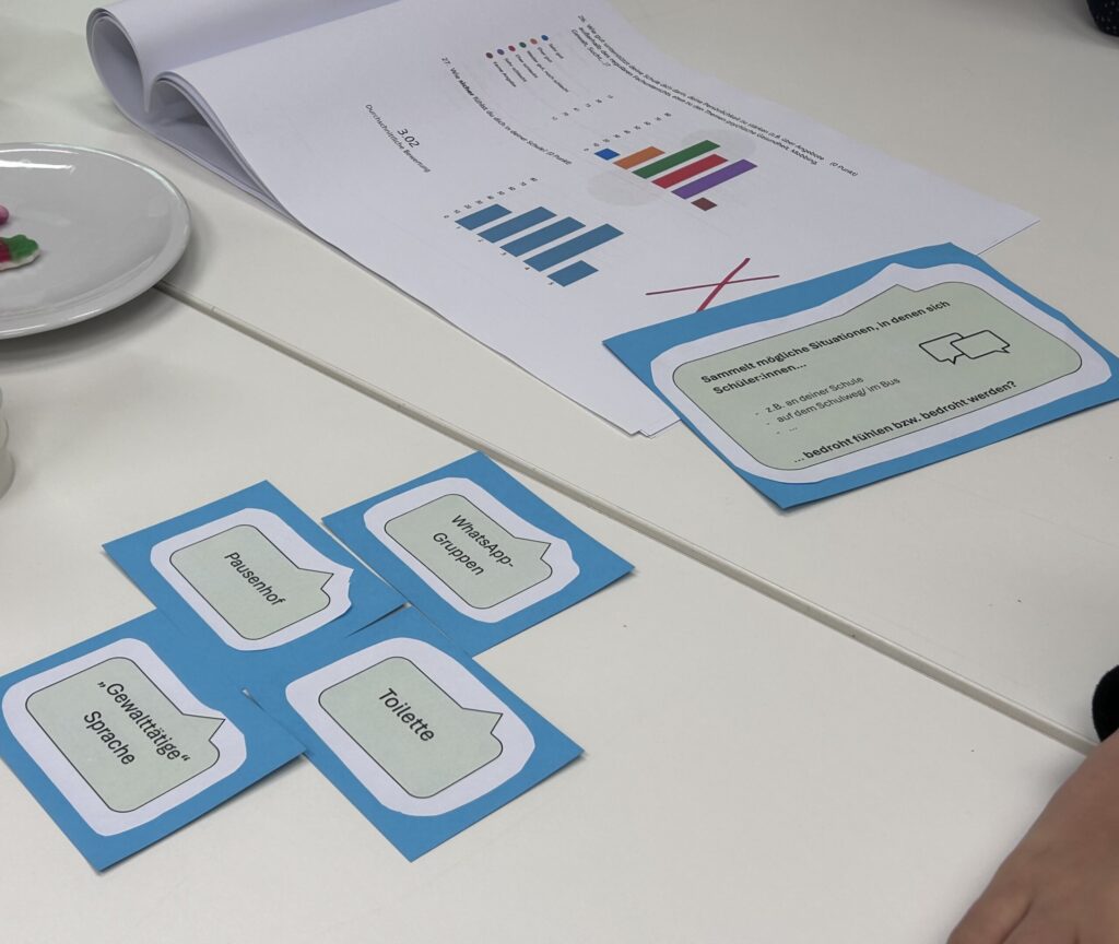 Karten mit Aufgaben und ein Diagramm auf einem Tisch.