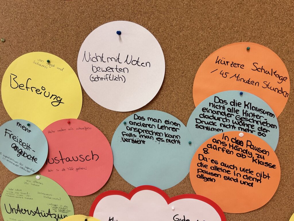 Bunte Zettel an einer Pinnwand mit verschiedenen Themen und Notizen.