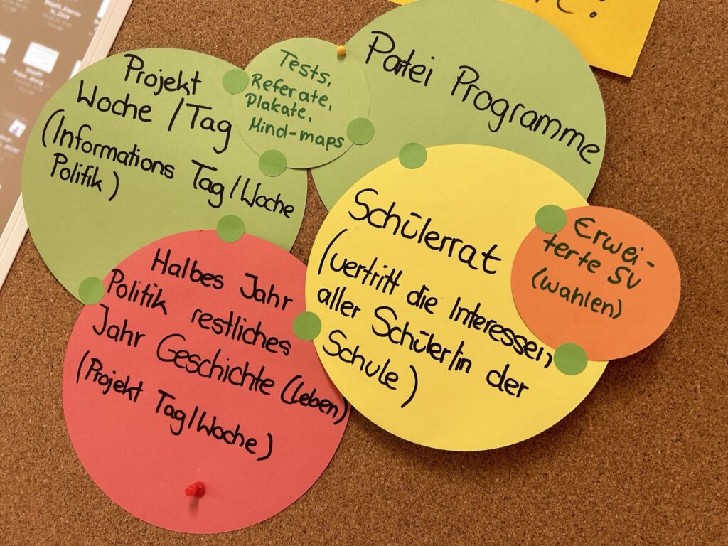 Verschiedene bunte Notizzettel mit Themen zu Schule und Politik.