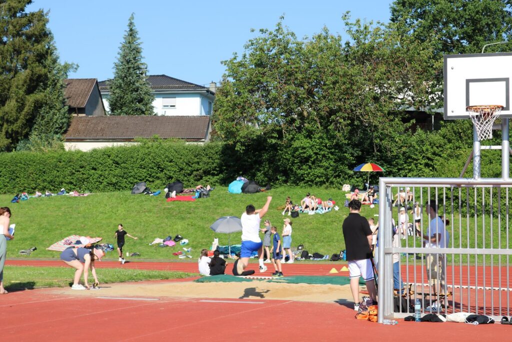 Basketballplatz mit spielenden Jugendlichen und Entspannten auf der Wiese.