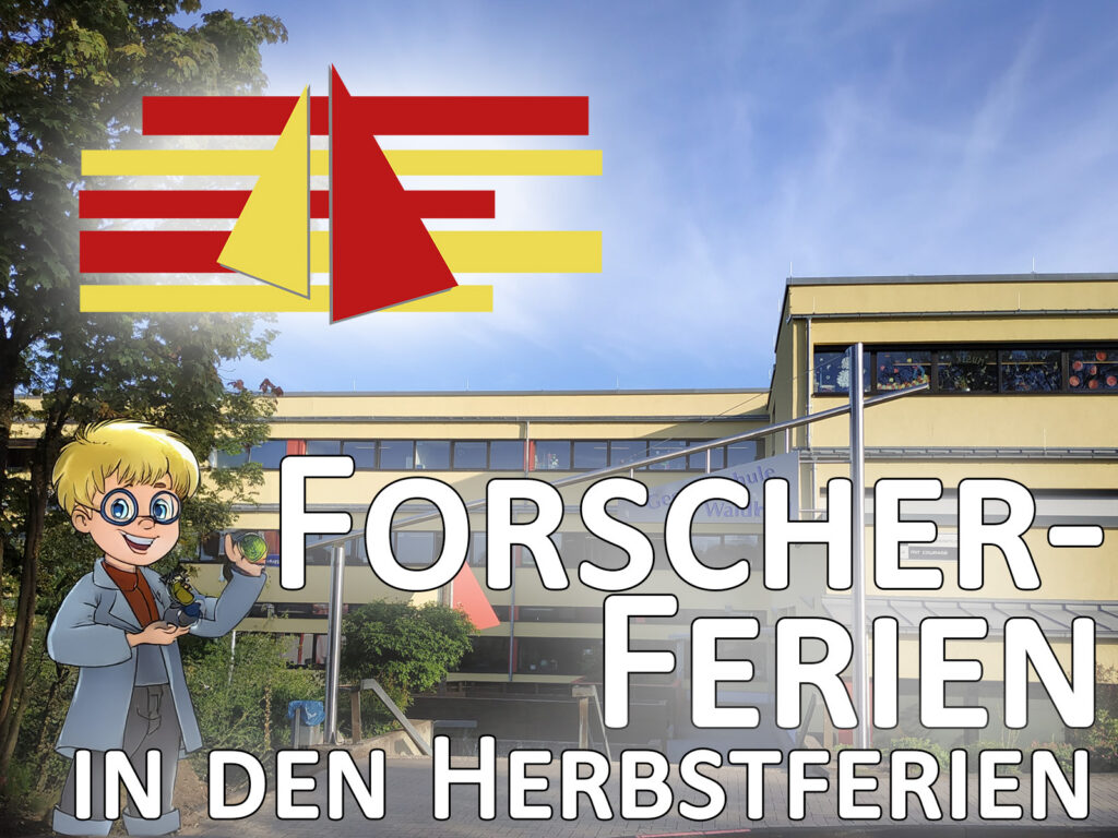Logo für "Forscher-Ferien" mit Schule im Hintergrund und einem Cartoon-Charakter.