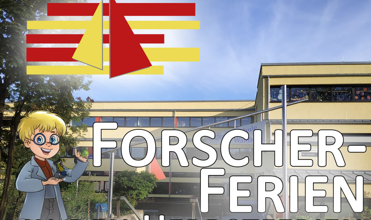 Logo für "Forscher-Ferien" mit Schule im Hintergrund und einem Cartoon-Charakter.