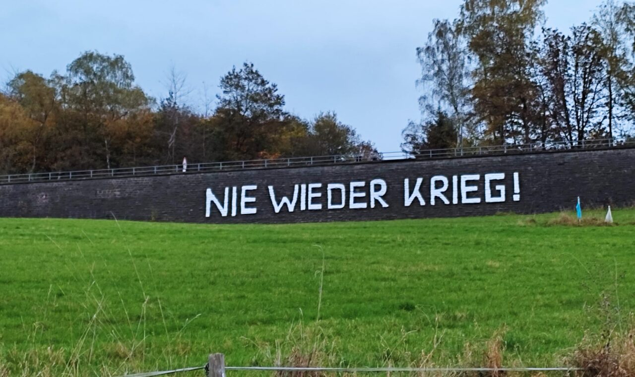 Graffiti mit der Aufschrift "NIE WIEDER KRIEG!" an einer Mauer. Grünfläche im Vordergrund.