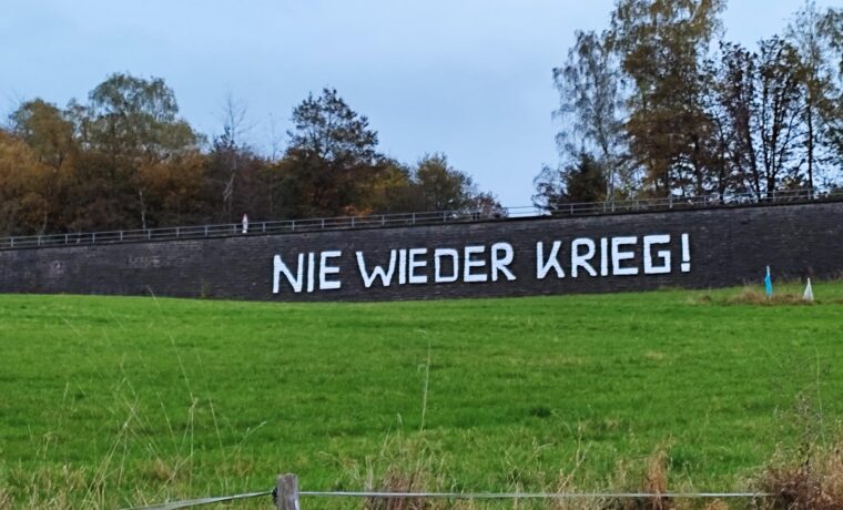 Graffiti mit der Aufschrift "NIE WIEDER KRIEG!" an einer Mauer. Grünfläche im Vordergrund.