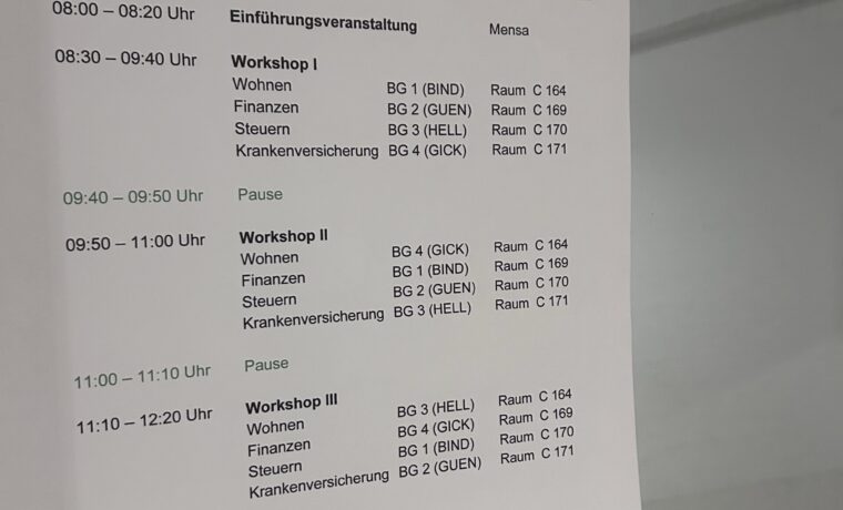 Ablaufplan für den Zukunftstag mit Workshops und Räumen.