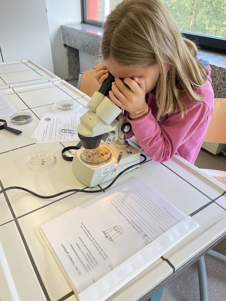 Mädchen schaut durch ein Mikroskop auf einem Tisch mit Unterlagen.