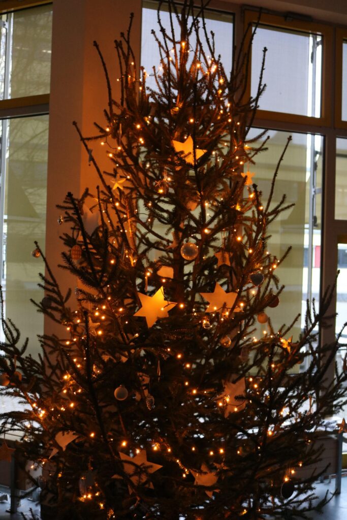 Weihnachtsbaum mit Lichtern und Sternen in einem Raum.