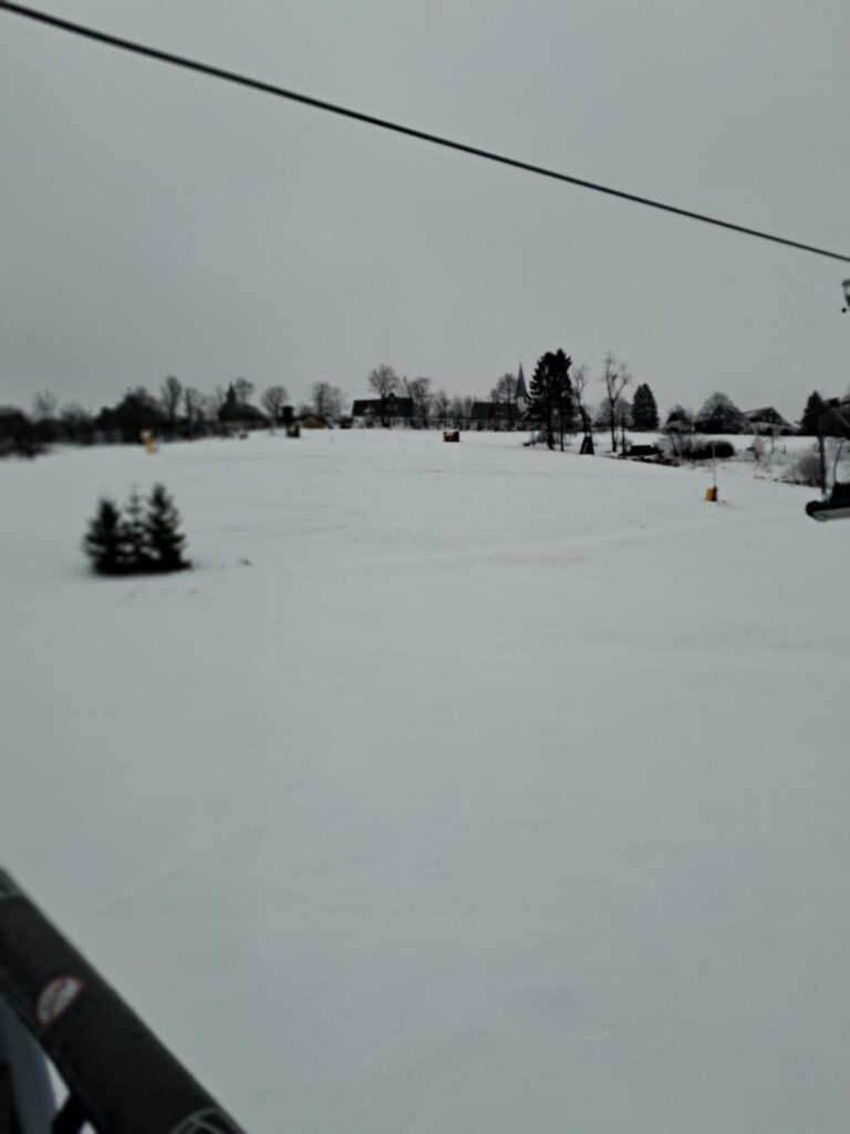 Schneebedeckte Landschaft mit niedrigen Bäumen und Nebel.