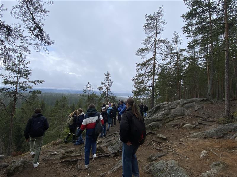 Gruppe von Menschen wandert auf einem Waldweg zwischen Bäumen und Felsen.
