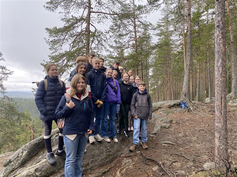 Gruppe von Schülern steht auf einem Felsen im Wald.