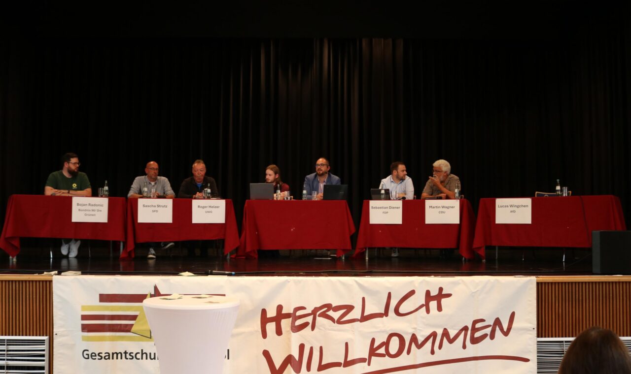 Die Podiumsrunde mit Vertreter:innen der im Stadtrat kandidierenden Parteien, der Platz für die AfD blieb leer.