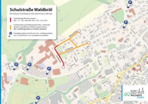 Karte des Schulzentrums Waldbröl mit markierten Straßenabschnitten: Goethestraße rot für zeitweise Sperrung, Schillerstraße und Höhenweg orange für ganzjährige Sperrung. Parkplätze für Hol- und Bringverkehr sind mit blauen Symbolen gekennzeichnet.
