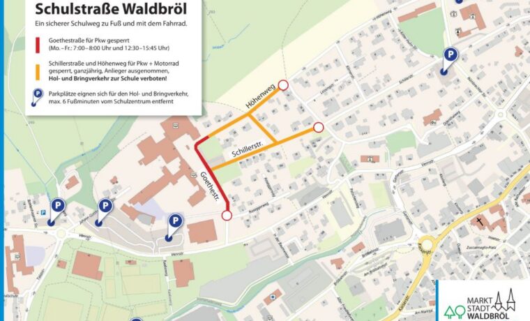 Karte des Schulzentrums Waldbröl mit markierten Straßenabschnitten: Goethestraße rot für zeitweise Sperrung, Schillerstraße und Höhenweg orange für ganzjährige Sperrung. Parkplätze für Hol- und Bringverkehr sind mit blauen Symbolen gekennzeichnet.