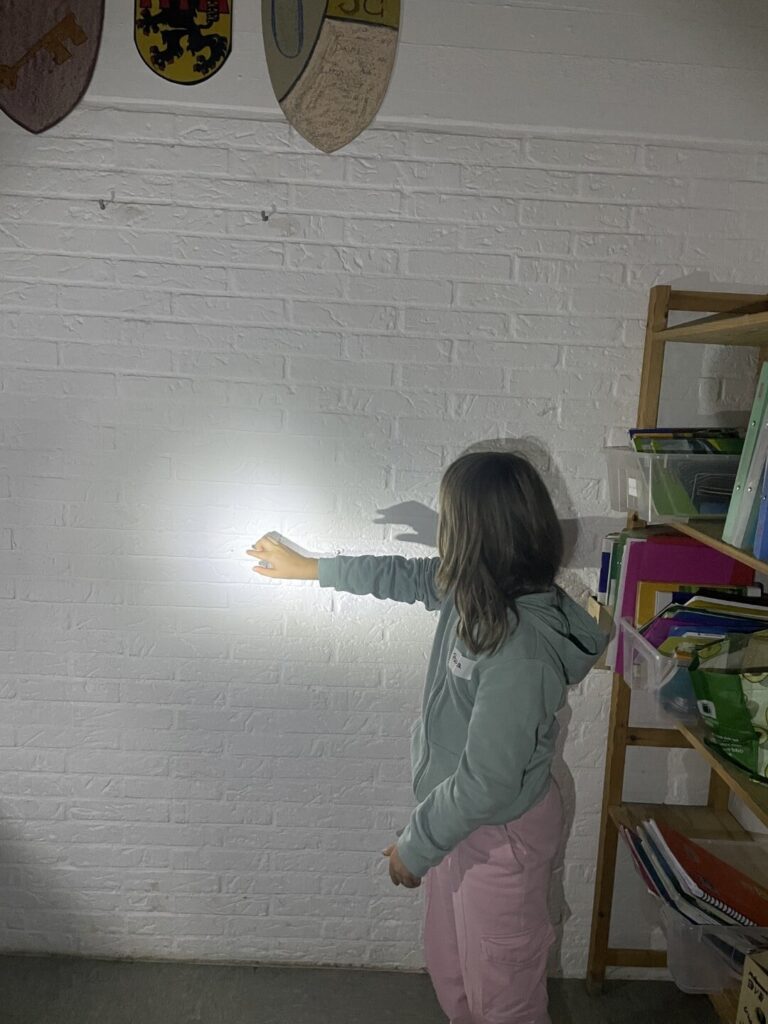 Ein Kind hält eine Taschenlampe an eine weiße Wand, auf der ein Schattenexperiment sichtbar wird.