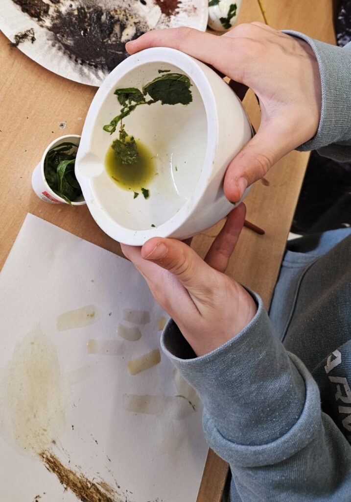 Ein Kind hält einen Mörser mit frisch zerkleinerten grünen Pflanzen, daneben liegen Farbreste aus Naturpigmenten und Probestreifen auf dem Tisch.