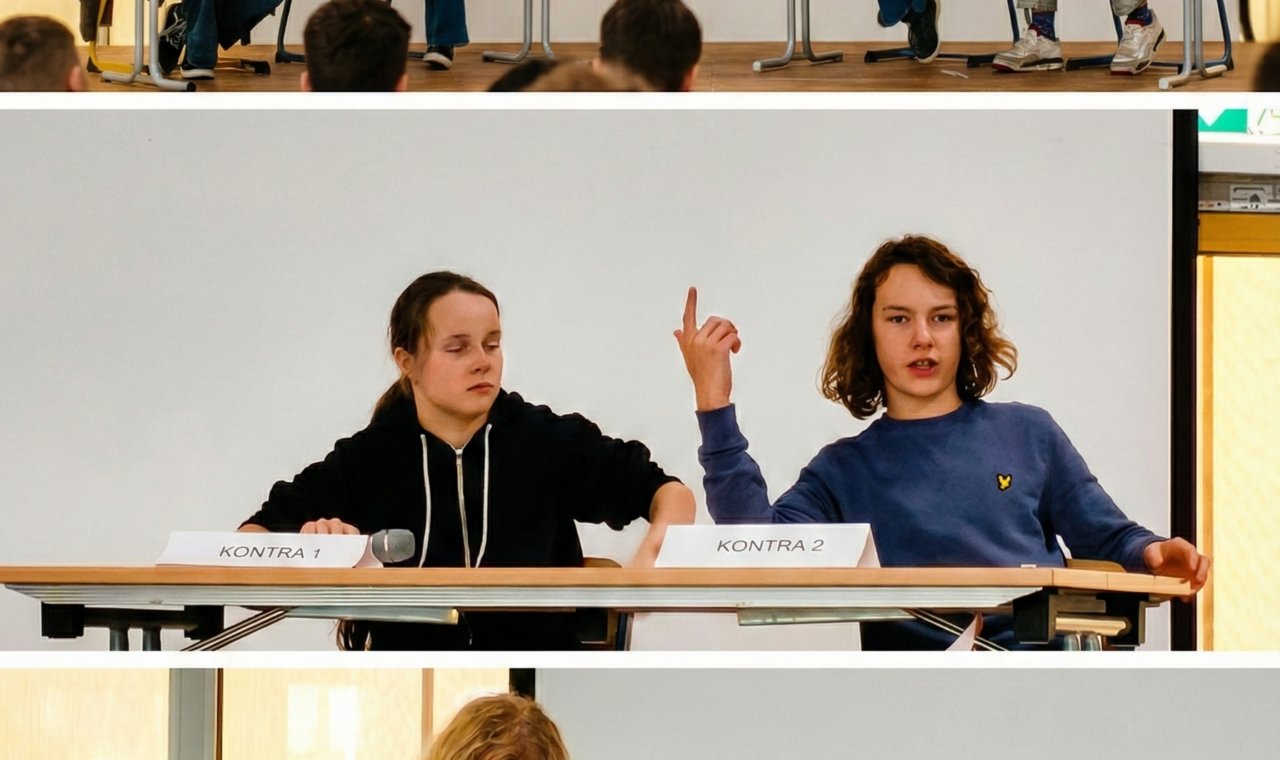 Collage aus drei Bildern einer Debattenveranstaltung auf einer Bühne vor weißem Hintergrund. Das obere Bild zeigt die Gesamtszene mit zwei Zweierteams an Tischen; ein:e Teilnehmer:in auf der rechten Seite spricht gestikulierend in ein Mikrofon. Die unteren Detailaufnahmen zeigen das Pro-Team beim konzentrierten Mitschreiben sowie das Kontra-Team während eines Redebeitrags mit erhobenem Zeigefinger.