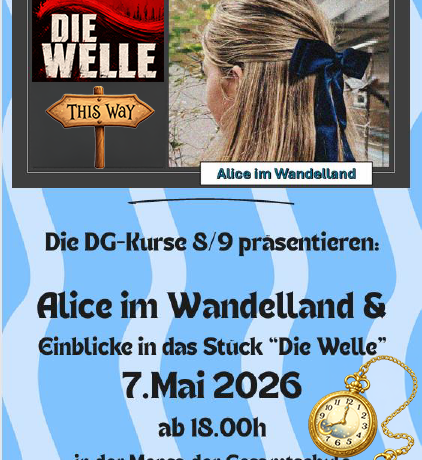 Plakat zur Veranstaltung "Alice im Wandelland" mit Informationen und Uhrzeit.