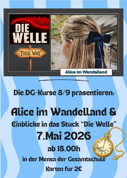 Plakat zur Veranstaltung "Alice im Wandelland" mit Informationen und Uhrzeit.
