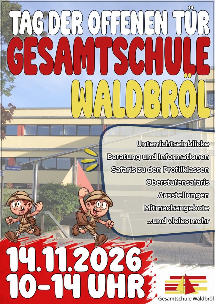 Plakat Tag der offenen Tür 2026, Gesamtschule Waldbröl, 14.11.2026, 10 bis 14 Uhr, mit Programmpunkten